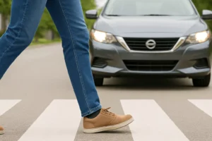 A Pedestrian Crossing The Street In Front Of A Car In Oak Cliff — Image For An Oak Cliff Pedestrian Accident Lawyer Discussing Legal Rights After A Pedestrian Accident.
