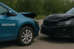 Two Damaged Cars — A Blue Rideshare Vehicle And A Black Sedan — Involved In A Collision On A Dallas Street, Representing The Services Of An Oak Cliff Rideshare Accident Lawyer.