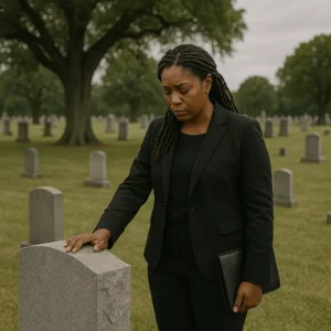 An African American Woman Dressed In A Black Suit Stands Quietly Beside A Gravestone In A Peaceful Cemetery, Reflecting Solemnly Under A Cloudy Sky — A Respectful Image Representing The Compassion And Dedication Of An Oak Cliff Wrongful Death Attorney.