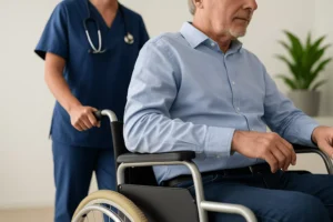A Dallas Paralysis Injury Lawyer Website Image Showing A Medical Professional Assisting A Man In A Wheelchair In A Bright, Modern Setting, Symbolizing Compassionate Care And Legal Support For Paralysis Victims.