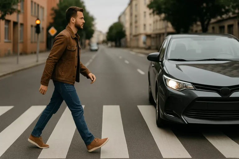 A pedestrian crossing a city crosswalk with a car approaching in the background, representing a pedestrian hit by car accident scenario.