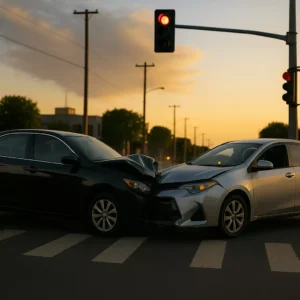 Two Cars Collide In The Middle Of An Intersection After One Driver Runs A Red Light In Dallas, Symbolizing The Types Of Cases Handled By A Dallas Red Light Car Accident Attorney.