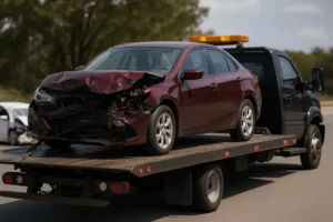 A Maroon Sedan With Severe Front-End Damage Being Loaded Onto A Flatbed Tow Truck After A Crash, Illustrating What Happens When Your Car Is Totaled But Still Drivable.