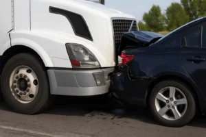 Image Of A Commercial Semi-Truck Rear-Ending The Back Of A Passenger Car On A Dallas Roadway, Used To Illustrate The Role Of A Dallas Rear End Truck Accident Lawyer.