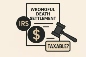 Illustration Showing A “Wrongful Death Settlement” Document, A Dollar Sign, Irs Symbol, And Judge’s Gavel On A Neutral Background, Visually Representing The Question “Are Wrongful Death Settlements Taxable?”