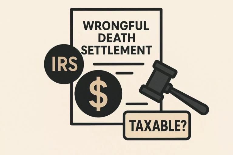 Illustration showing a “Wrongful Death Settlement” document, a dollar sign, IRS symbol, and judge’s gavel on a neutral background, visually representing the question “Are wrongful death settlements taxable?”