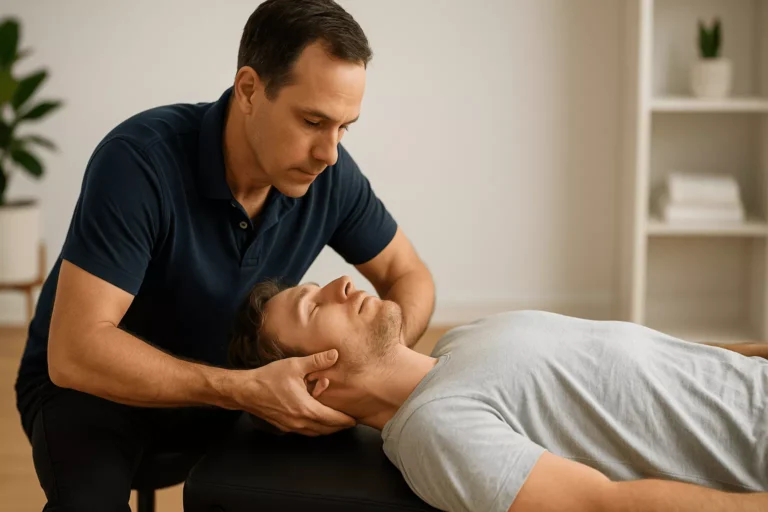 Chiropractor adjusting a patient’s neck on a treatment table in a calm, professional office, illustrating who pays for the chiropractor after a car accident.