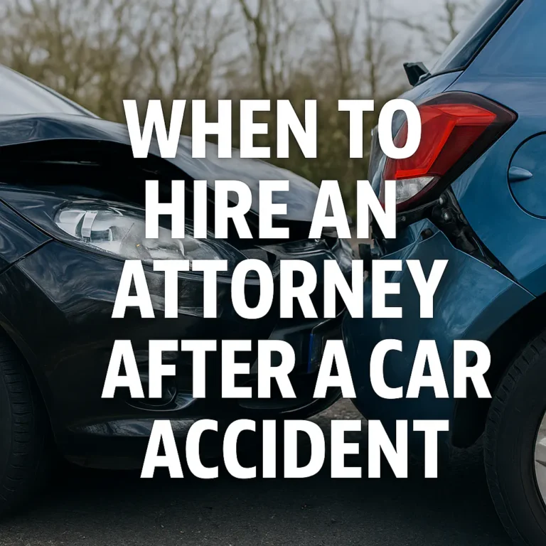 Two heavily damaged cars at the scene of a collision with bold text reading When To Hire An Attorney After A Car Accident, illustrating guidance on when to hire an attorney after a car accident.
