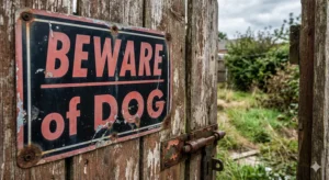 A Close-Up Photograph Of A Rusty, Weathered &Quot;Beware Of Dog&Quot; Sign Bolted Onto A Dilapidated Wooden Gate, Illustrating A Potential Hazard Relevant To A Dallas Dog Bite Lawyer.