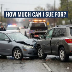 A Rainy-Day Car Accident Scene Showing Two Damaged Vehicles After A Head-On Collision, With Police Cars And A Tow Truck In The Background. A Bold Headline Across The Top Reads “How Much Can Someone Sue For A Car Accident.”