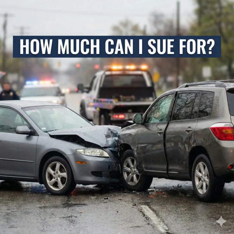 A rainy-day car accident scene showing two damaged vehicles after a head-on collision, with police cars and a tow truck in the background. A bold headline across the top reads “How Much Can Someone Sue for a Car Accident.”