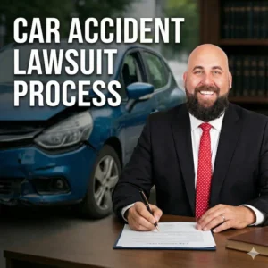 Dallas Car Accident Lawyer Mike Allbee Sits At A Desk Signing Documents, Smiling Toward The Camera, With A Damaged Blue Car In The Background And The Text “Car Accident Lawsuit Process” Displayed Beside Him.