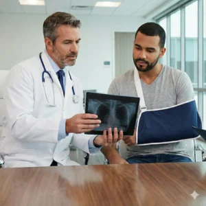 Car accident doctor reviewing an X ray with an injured patient wearing an arm sling in a medical office.