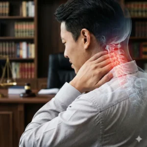 Man holding his neck in pain with an illustrated cervical spine overlay, showing common signs of whiplash after a car accident.