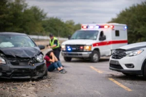 Car Crash Scene On A Two-Lane Road With Damaged Vehicles, An Ambulance, And A Police Officer Assisting An Injured Person, Relevant To A Midlothian Car Accident Attorney Case.