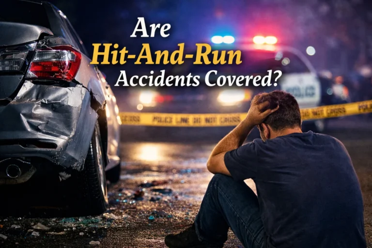 Hit-and-run accident scene with damaged vehicle and injured driver sitting on the road, with police lights in the background and text overlay reading “Are Hit-And-Run Accidents Covered?” illustrating does uninsured motorist cover hit and run situations