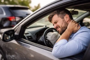 Man holding his neck in pain inside a damaged vehicle after a collision, illustrating neck pain after car accident injuries and whiplash symptoms