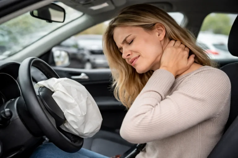 Woman holding her neck in pain inside a damaged car after a crash, illustrating what does whiplash feel like and common whiplash symptoms