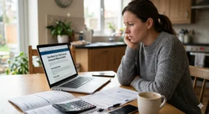 A Concerned Woman Sits At A Kitchen Table Researching 'How Much Can I Get From An Uninsured Motorist Claim?' On Her Laptop, Surrounded By Medical Bills, A Calculator, And Insurance Paperwork.