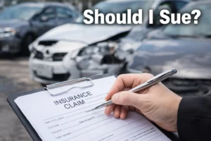 Person Reviewing An Insurance Claim Form After A Car Accident With Damaged Vehicles In The Background And Text Overlay Asking Should I Sue After A Car Accident