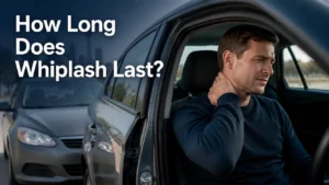 Man Holding His Neck After A Rear-End Car Accident With The Text “How Long Does Whiplash Last?”
