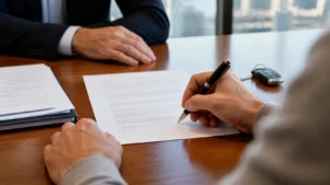 Hands Reviewing And Signing A Car Accident Settlement Agreement, With Car Keys On The Desk.