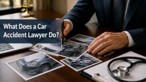 What Does A Car Accident Lawyer Do? Attorney Reviewing Photos Of Vehicle Damage And Medical Records.