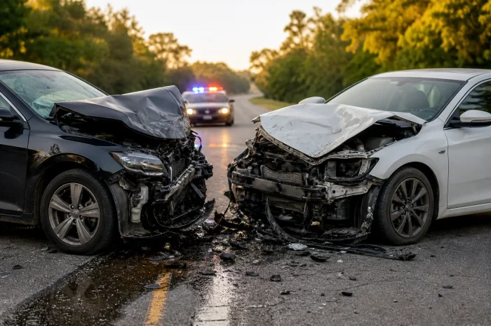 Desoto Head On Collision Lawyer Image Showing Two Severely Damaged Vehicles After A Head-On Car Accident On A Rural Road, With Debris Scattered And Emergency Lights Visible In The Background.